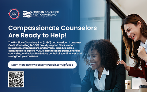 Promotional banner for USBC and American Consumer Credit Counseling (ACCC) offering free financial consultations for Black-owned businesses and families. Features two smiling women and the URL consumercredit.com/lp/usbc.