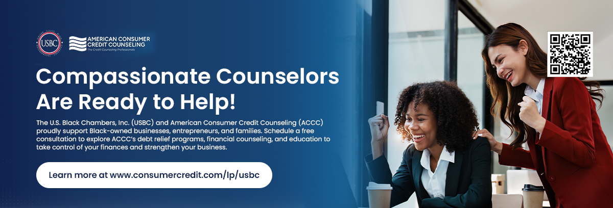 Promotional banner for USBC and American Consumer Credit Counseling (ACCC) offering free financial consultations for Black-owned businesses and families. Features two smiling women and the URL consumercredit.com/lp/usbc.