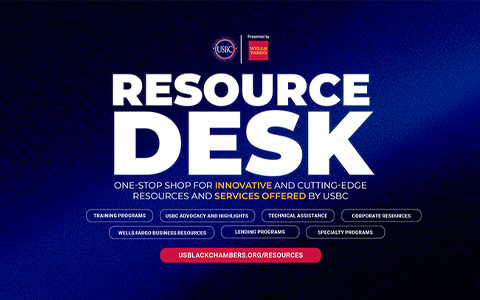 Promotional banner for the USBC Resource Desk, a one-stop shop for business resources and services. The graphic includes logos for USBC and Wells Fargo, a list of programs such as lending and technical assistance, and the website link usblackchambers.org/resources.