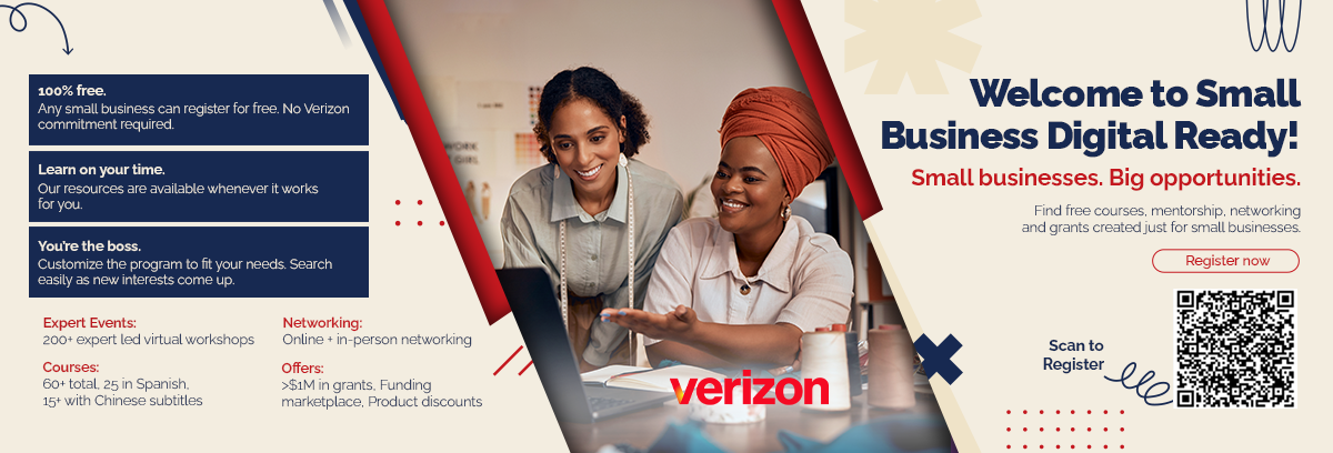 A Verizon and USBC promotional graphic for "Small Business Digital Ready," a free program offering over 60 courses, expert-led workshops, networking, and over $1M in grants. The image includes a QR code to register and features two women working together.