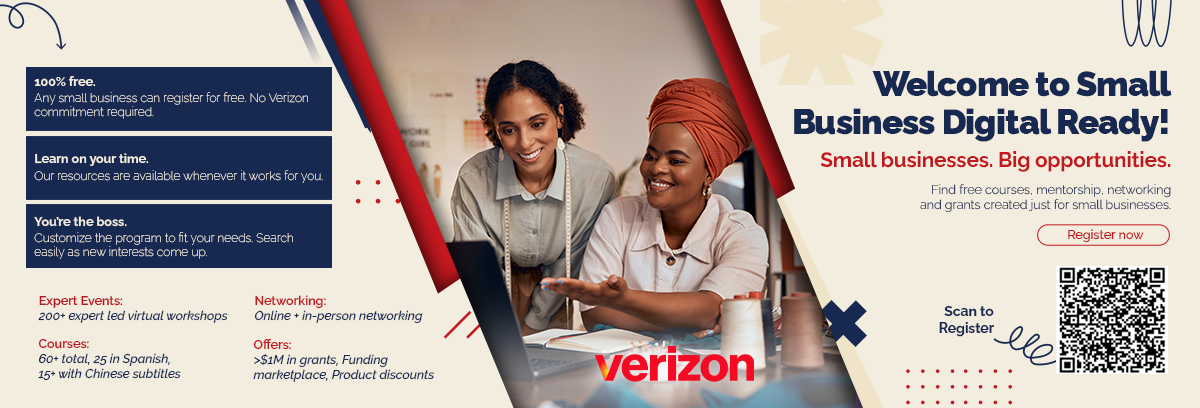 A Verizon and USBC promotional graphic for "Small Business Digital Ready," a free program offering over 60 courses, expert-led workshops, networking, and over $1M in grants. The image includes a QR code to register and features two women working together.